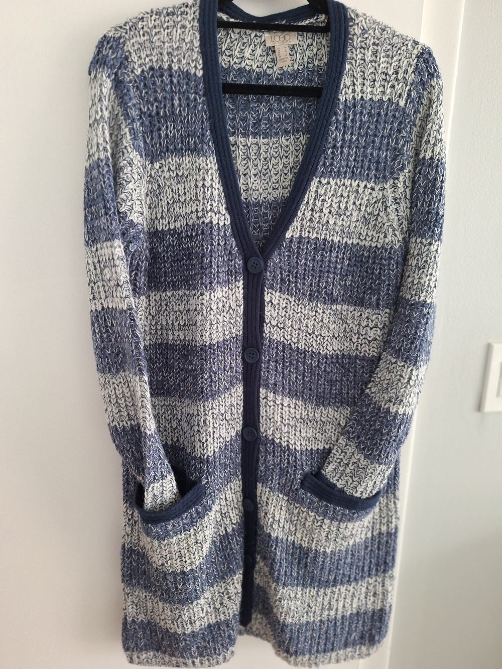 LOGO by Lori Goldstein Navy & White Striped Button Front Cardigan